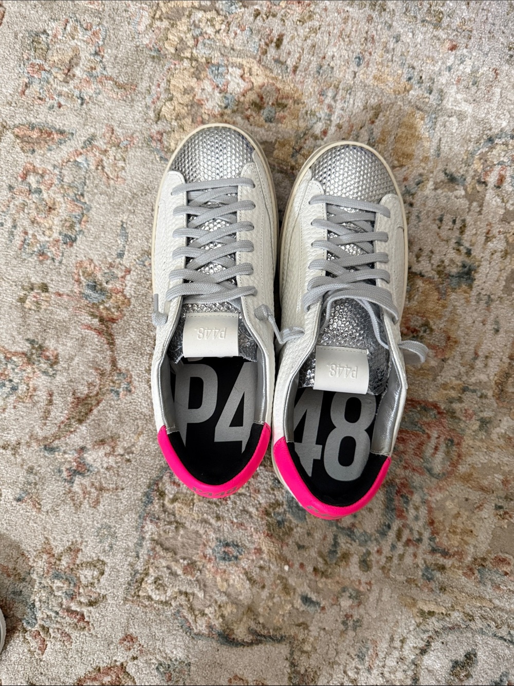 P448 Silver Sneakers with Hot Pink Heel Accent